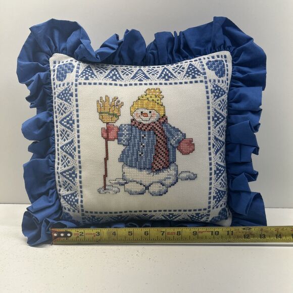 Vintage Handmade Snowman With Broomstick Cross Stitch Throw Pillow EUC - Picture 10 of 10